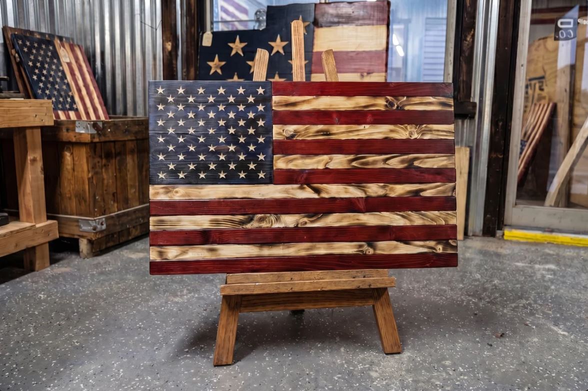 Classic rustic wooden American flag on an easel